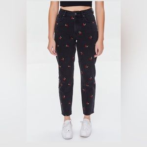 CHERRY EMBROIDERED HIGH RISE JEANS